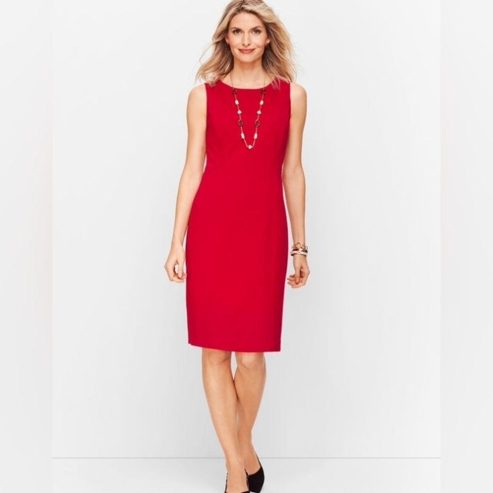 Talbots Red Ponte Rayon Sheath Dress Sleeves Sz 14P Knee Length Career